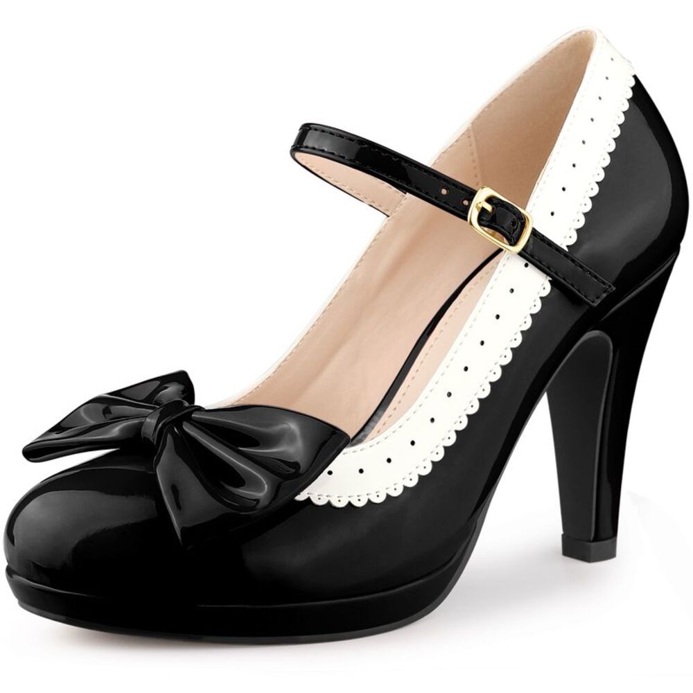 Bow Patent Mary Jane Shoes Platform Dress Shoes Stiletto Heels Pumps Black